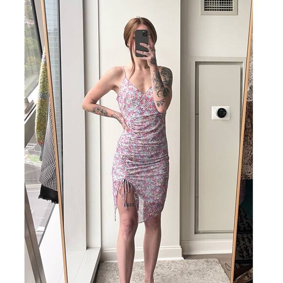 NWT BCBGeneration Ditsy Floral Mesh Ruched Mini Dress Preppy Pink Purple Size 2 - Picture 14 of 14